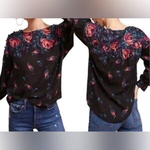 MAEVE by Anthropologie Dark Floral Roses Linen Blend Puff Sleeve Blouse SZ L
